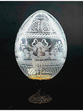 Hand Etched Crystal Russian Egg On Ornate Brass Stand With Floral & Geometric De